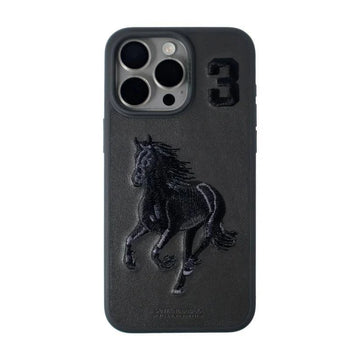 Santa Barbara Boris Series(Horse) Geniune Leather Case Cover for (iPhone 16 Horse 3)- Black - mobilecasez