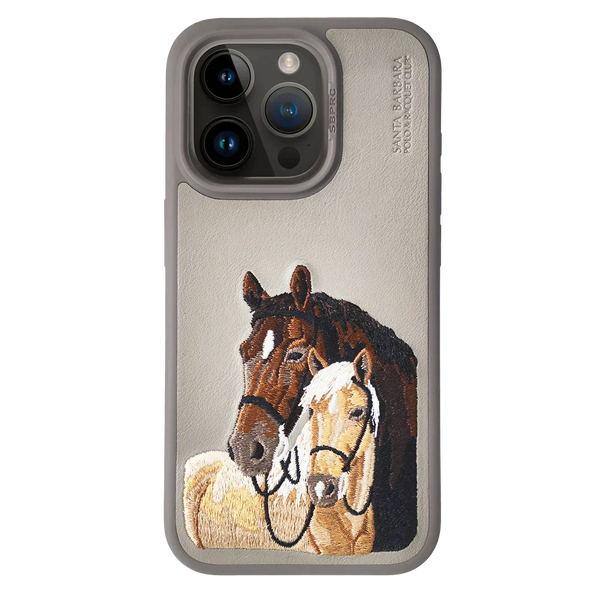 The ISIDORE Series Genuine Santa Barbara Polo Mobile Back Cover for iPhone 15 Plus |Men and Women||Horse Series||Embroidery Cover||Luxury Back Case||Free Leather Cover of Same Model Inside| (Titanium Grey) - mobilecasez