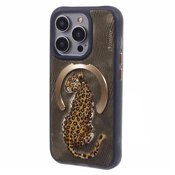 Nimmy Design Dreamy Animal Series Magnetic Safe Case for Apple iPhone 16 Pro Max 3D Embroidery Anti-Slip Scratch Resistant Protective Cover (Golden Leopard) - mobilecasez