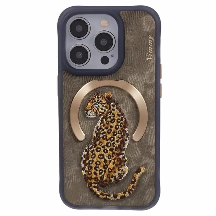 Nimmy Design Dreamy Animal Series Magnetic Safe Case for Apple iPhone 16 Pro Max 3D Embroidery Anti-Slip Scratch Resistant Protective Cover (Golden Leopard) - mobilecasez