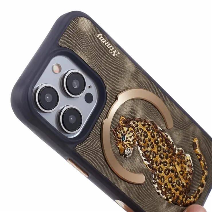Nimmy Design Dreamy Animal Series Magnetic Safe Case for Apple iPhone 16 Pro Max 3D Embroidery Anti-Slip Scratch Resistant Protective Cover (Golden Leopard) - mobilecasez