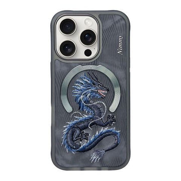 Nimmy Design Dreamy Animal Series Magnetic Safe Case for Apple iPhone 16 Pro Max 3D Embroidery Anti-Slip Scratch Resistant Protective Cover ( Blue Dragon) - mobilecasez
