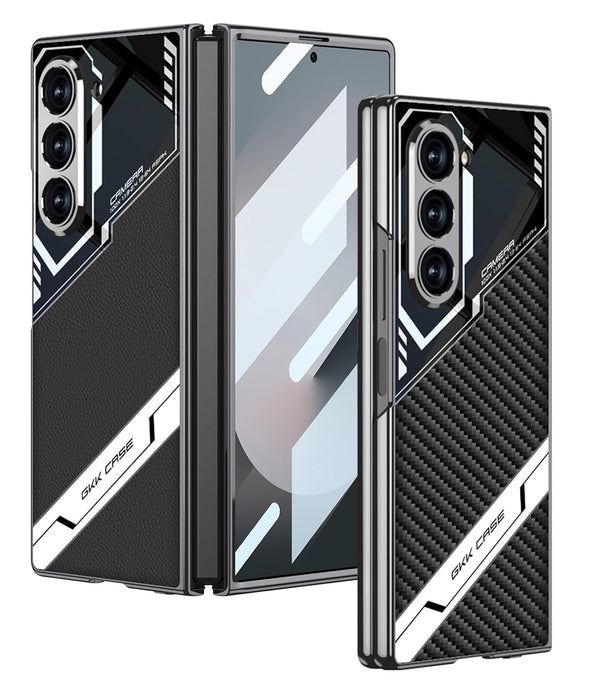MobileCasez Sports Series Glass & PU Leather Electroplated Back Case Cover for Samsung Galaxy Fold 5 5G / Galaxy Fold 5 Case Cover - Carbon Black - mobilecasez