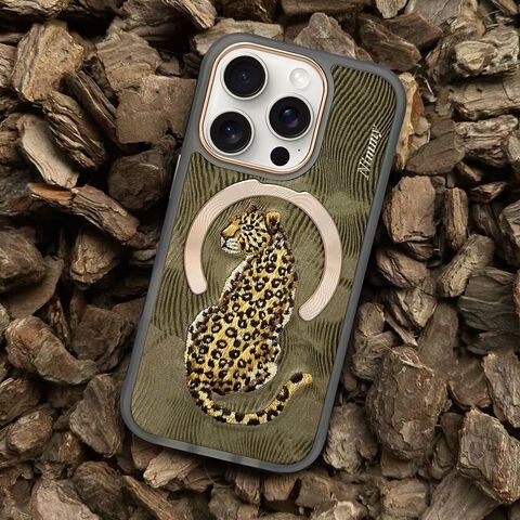 Nimmy Design Dreamy Animal Series Magnetic Safe Case for Apple iPhone 16 Pro Max 3D Embroidery Anti-Slip Scratch Resistant Protective Cover (Golden Leopard) - mobilecasez