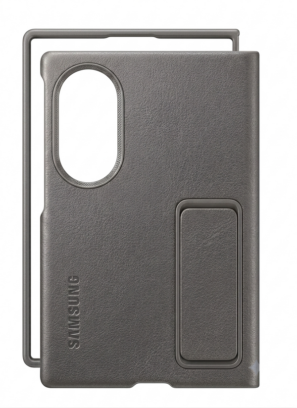 Leather Standing Case with Metal Camera Ring for Samsung Galaxy Fold 8 Wide - Titanium Gray