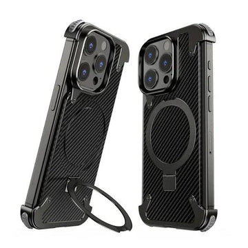 iPhone 15 Pro Metal Carbon Fibre Magnetic Impact Resistance Casing with Stand - Black - mobilecasez
