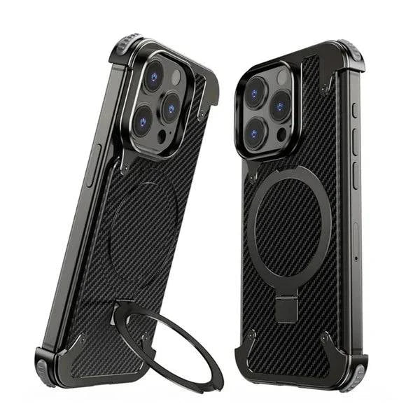 iPhone 15 Pro Metal Carbon Fibre Magnetic Impact Resistance Casing with Stand - Black - mobilecasez