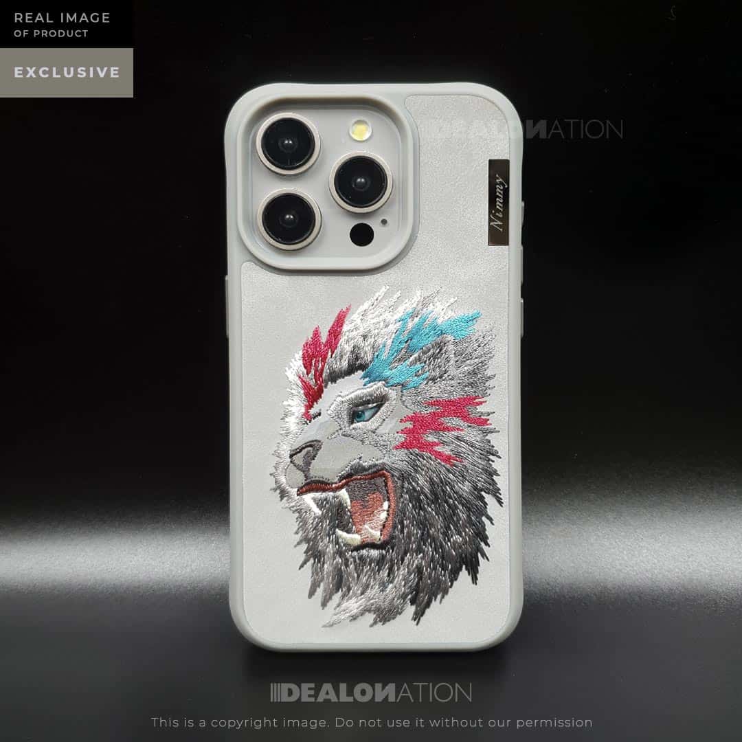 iPhone 15 Pro Max 3D EMBROIDERED LEATHER LION CASE- Grey - mobilecasez