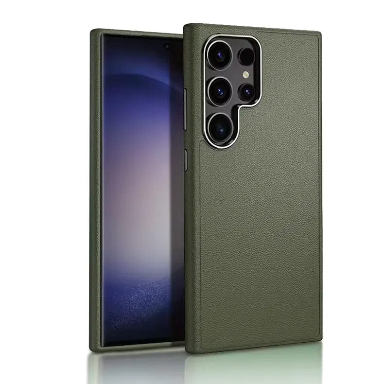 Leather Metal Button MagSafe Phone Back Case for Samsung Galaxy S24 FE- olive Green - mobilecasez