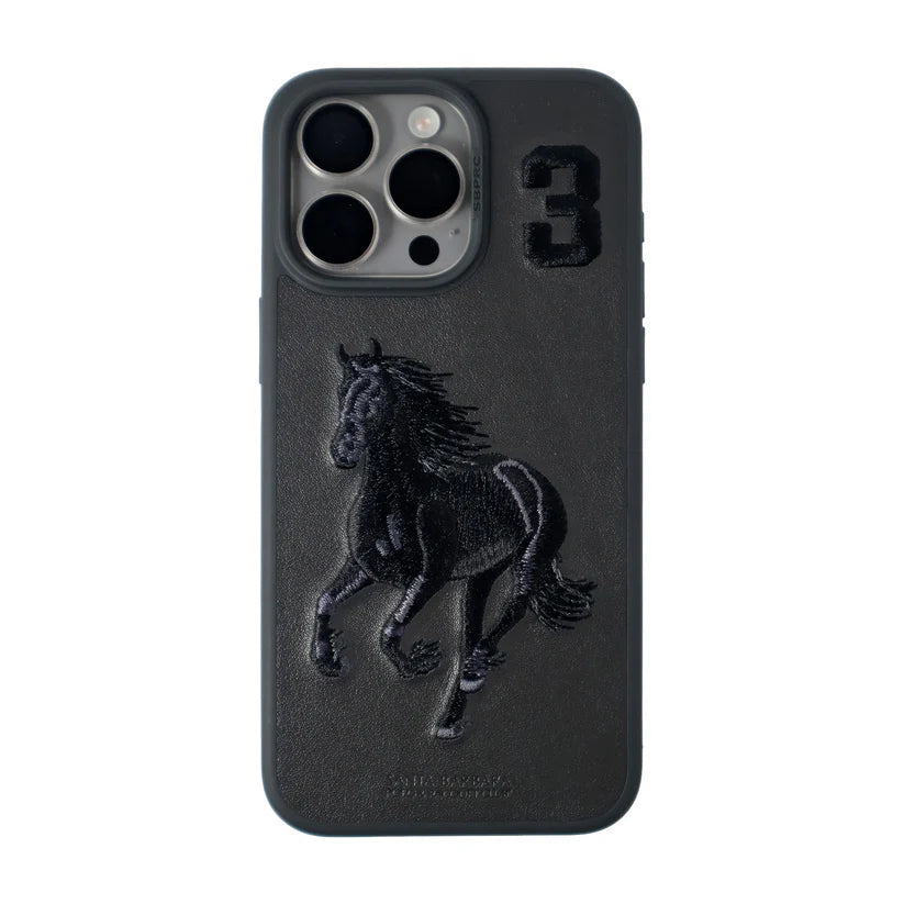 Santa Barbara Boris Series(Horse) Geniune Leather Case Cover for (iPhone 16 Pro Max Horse 3)- Black