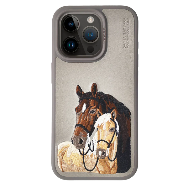 The ISIDORE Series Genuine Santa Barbara Polo Mobile Back Cover for iPhone 15 Pro |Men and Women||Horse Series||Embroidery Cover||Luxury Back Case||Free Leather Cover of Same Model Inside| (Titanium Grey) - mobilecasez