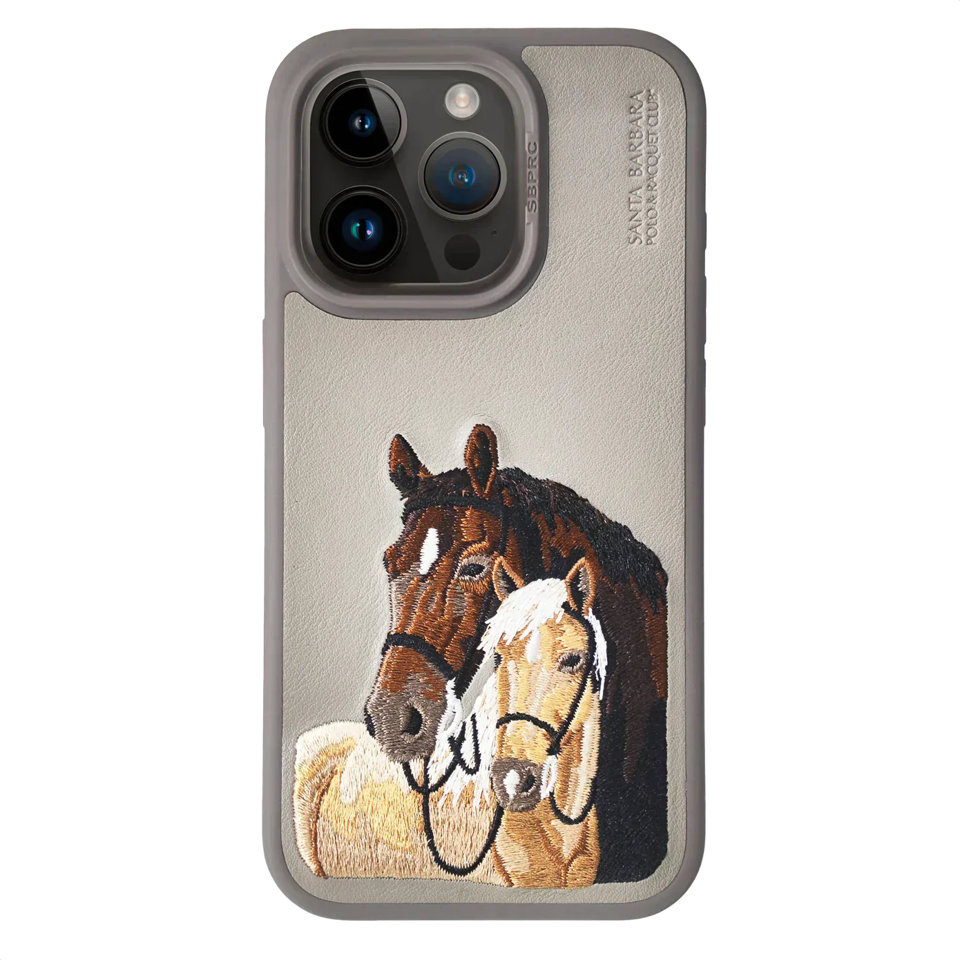 The ISIDORE Series Genuine Santa Barbara Polo Mobile Back Cover for iPhone 15 |Men and Women||Horse Series||Embroidery Cover||Luxury Back Case||Free Leather Cover of Same Model Inside| (Titanium Grey)