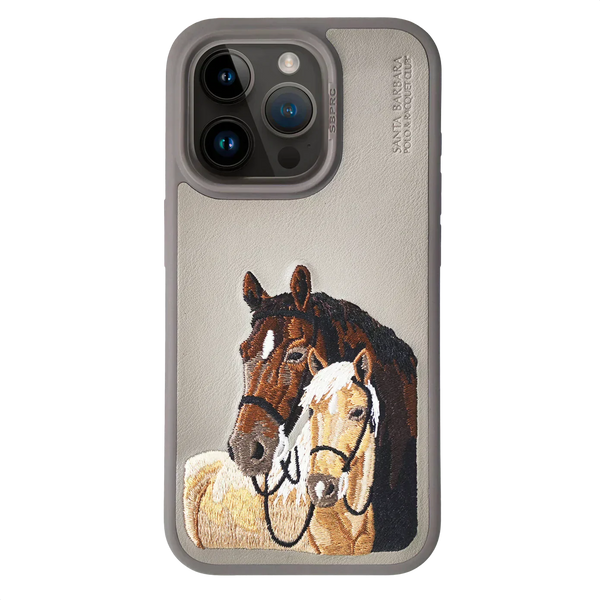 The ISIDORE Series Genuine Santa Barbara Polo Mobile Back Cover for iPhone 15 |Men and Women||Horse Series||Embroidery Cover||Luxury Back Case||Free Leather Cover of Same Model Inside| (Titanium Grey) - mobilecasez