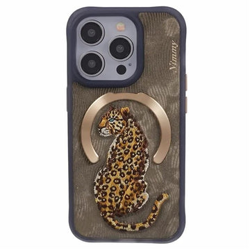 Nimmy Design Dreamy Animal Series Magnetic Safe Case for Apple iPhone 16 Pro Max 3D Embroidery Anti-Slip Scratch Resistant Protective Cover (Golden Leopard)