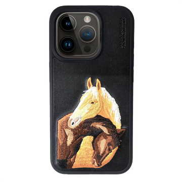 The ISIDORE Series Genuine Santa Barbara Polo Mobile Back Cover for iPhone 15 |Men and Women||Horse Series||Embroidery Cover||Luxury Back Case||Free Leather Cover of Same Model Inside| (Black)