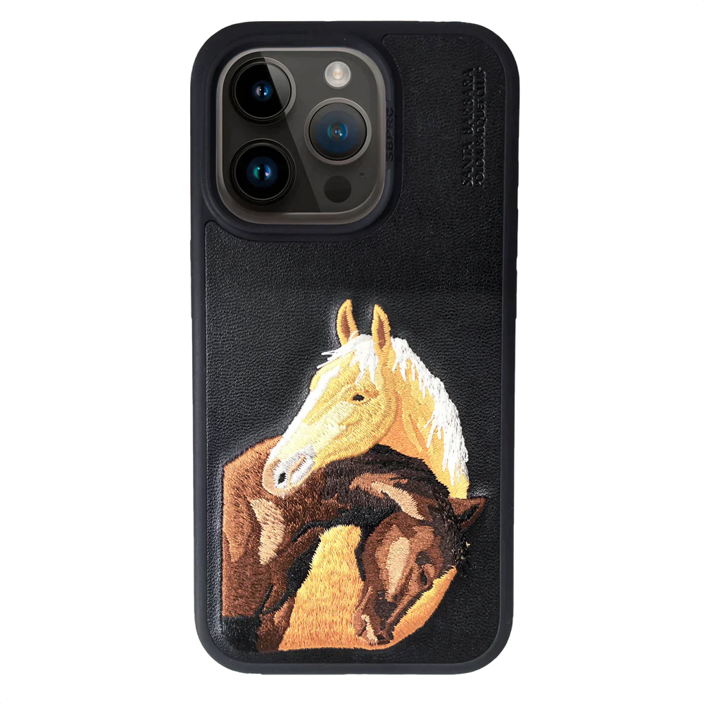 The ISIDORE Series Genuine Santa Barbara Polo Mobile Back Cover for iPhone 15 Pro |Men and Women||Horse Series||Embroidery Cover||Luxury Back Case||Free Leather Cover of Same Model Inside| (Black)
