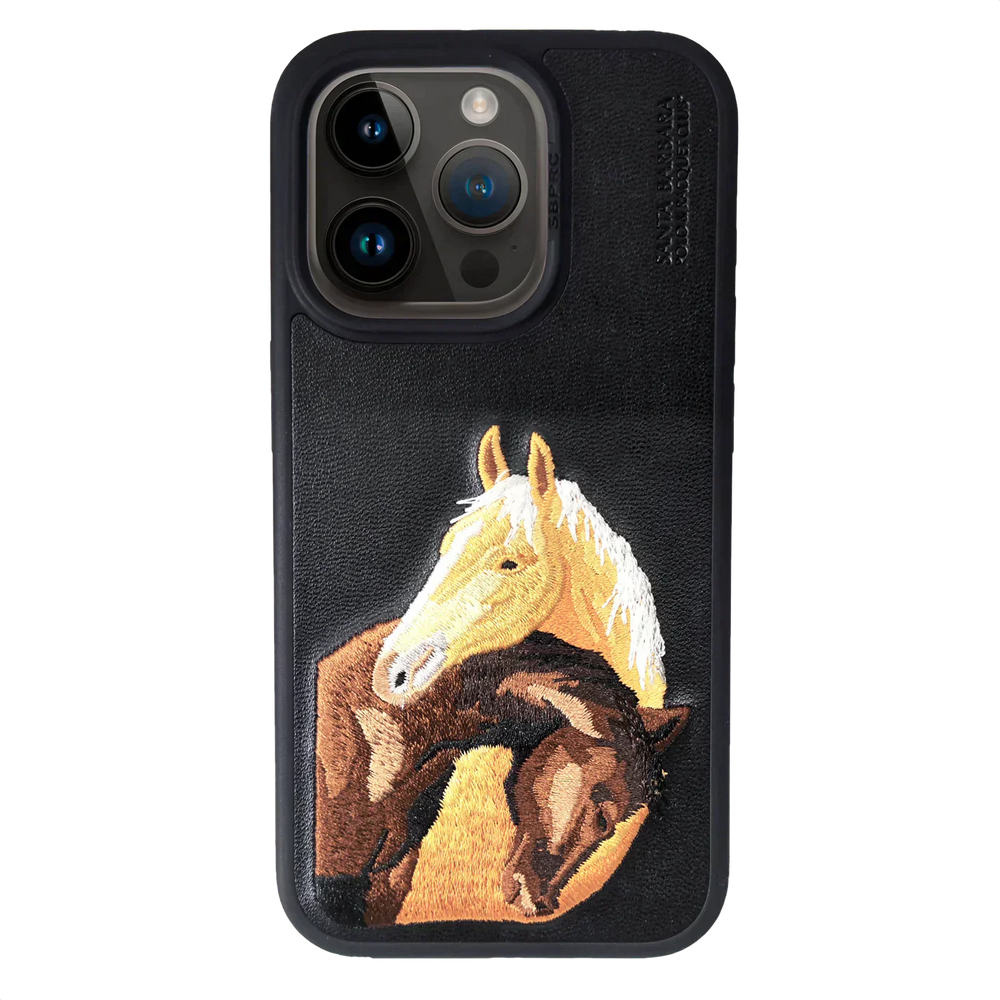 The ISIDORE Series Genuine Santa Barbara Polo Mobile Back Cover for iPhone 15 Plus |Men and Women||Horse Series||Embroidery Cover||Luxury Back Case||Free Leather Cover of Same Model Inside| (Black)
