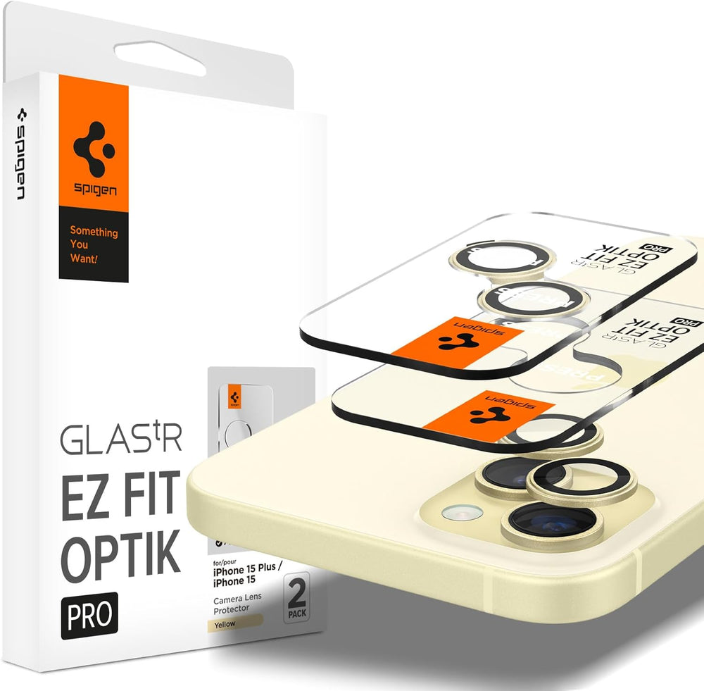 Spigen EZ Fit Optik Pro Tempered Glass Camera Lens Protector Guard for iPhone 15 Plus (Yellow) - 1 Pack