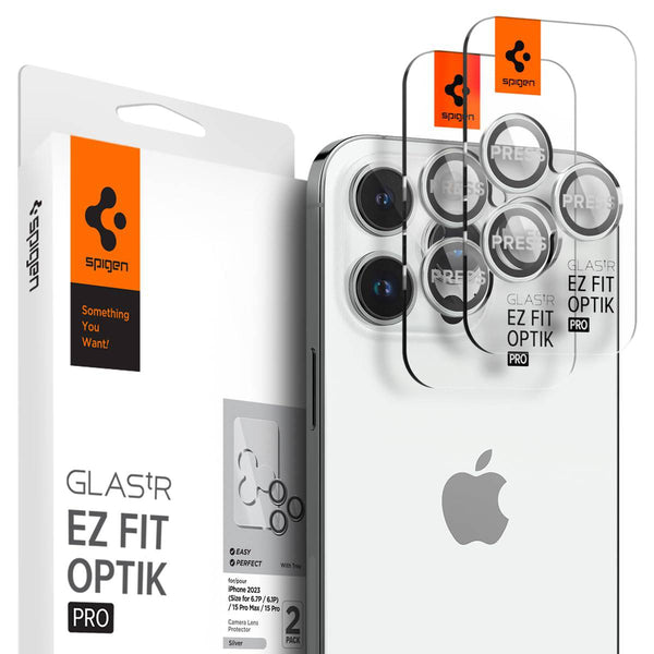 Spigen EZ Fit Optik Pro Tempered Glass Camera Lens Protector Guard for iPhone 15 Pro Max (Silver) - 1 Pack - mobilecasez