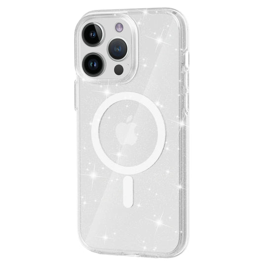 Glitter Magnetic Case for iPhone 15 Pro Max , Hard PC + Soft TPU Compatible with MagSafe Phone Cover - White