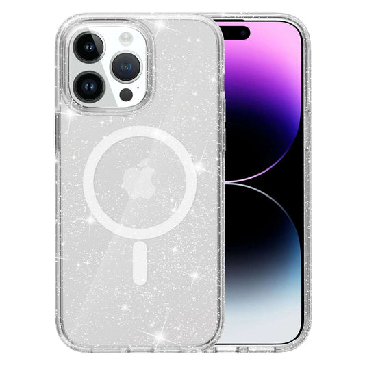 Glitter Magnetic Case for iPhone 15 Pro Max , Hard PC + Soft TPU Compatible with MagSafe Phone Cover - White