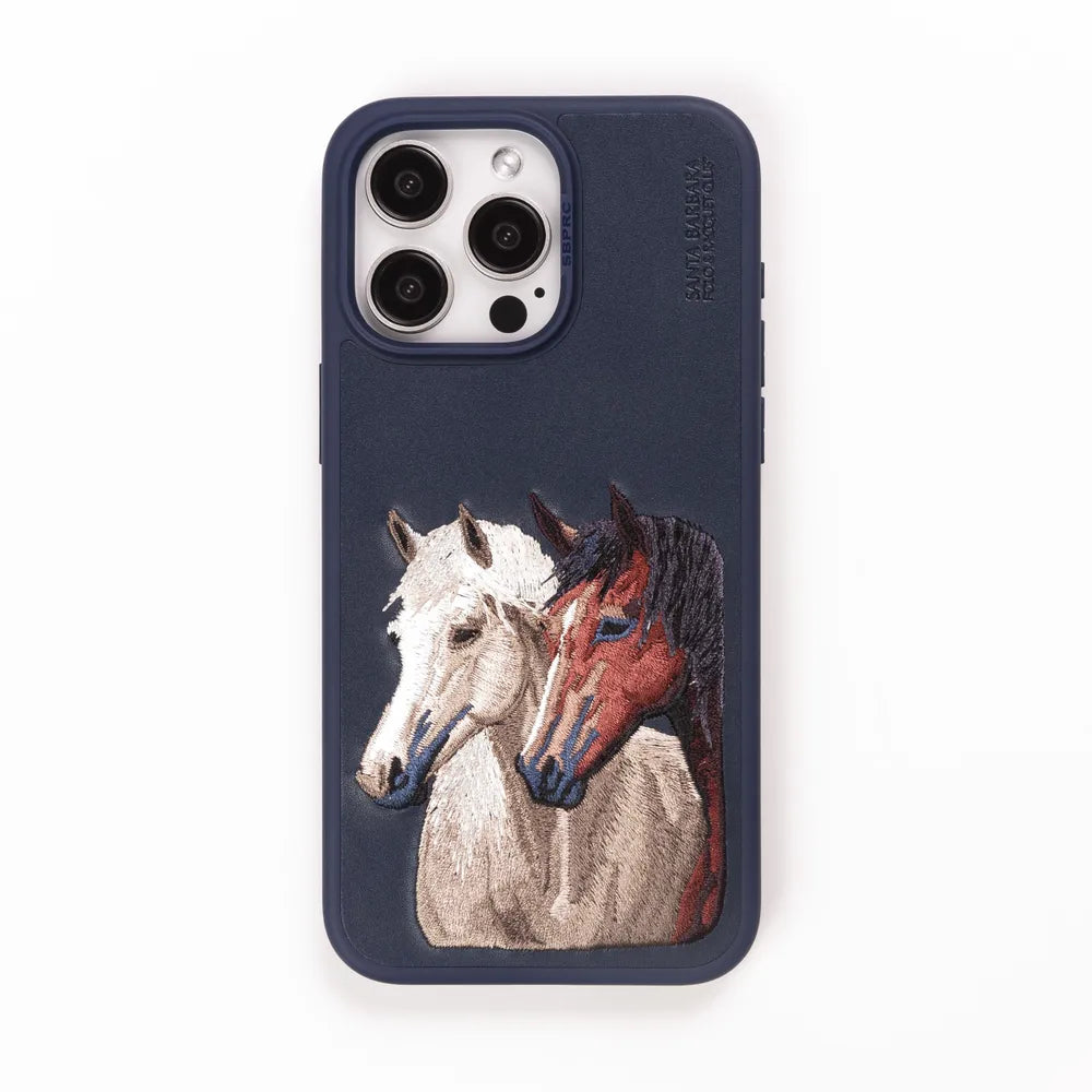 The ISIDORE Series Genuine Santa Barbara Polo Mobile Back Cover for iPhone 15 |Men and Women||Horse Series||Embroidery Cover||Luxury Back Case||Free Leather Cover of Same Model Inside| (Navy Blue)