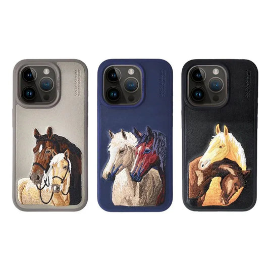 The ISIDORE Series Genuine Santa Barbara Polo Mobile Back Cover for iPhone 15 |Men and Women||Horse Series||Embroidery Cover||Luxury Back Case||Free Leather Cover of Same Model Inside| (Black)