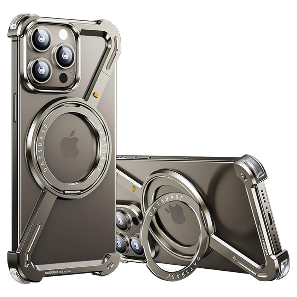 OATSBASF Minimalist Phone Case Compatible with iPhone 16 Pro, 360° Rotation Kickstand Aluminum Metal Frameless Design Bumper Z Case, Protective Shock Grade Shell, Natural Titanium - mobilecasez