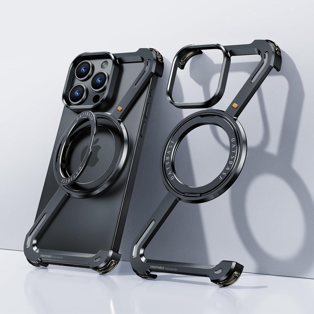 OATSBASF Minimalist Phone Case Compatible with iPhone 16 Pro, 360° Rotation Kickstand Aluminum Metal Frameless Design Bumper Z Case, Protective Shock Grade Shell, Black - mobilecasez
