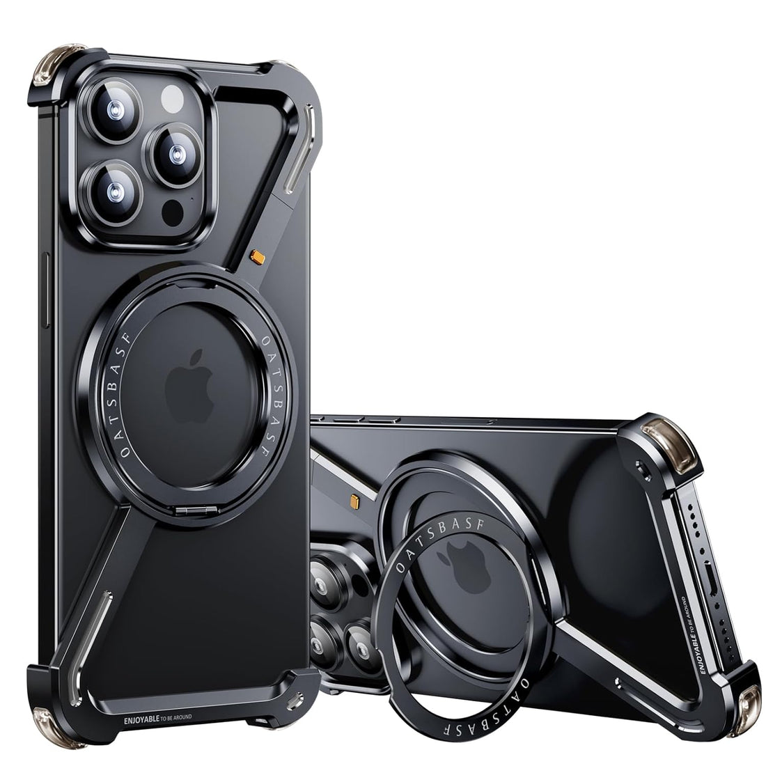 OATSBASF Minimalist Phone Case Compatible with iPhone 16 Pro, 360° Rotation Kickstand Aluminum Metal Frameless Design Bumper Z Case, Protective Shock Grade Shell, Black - mobilecasez