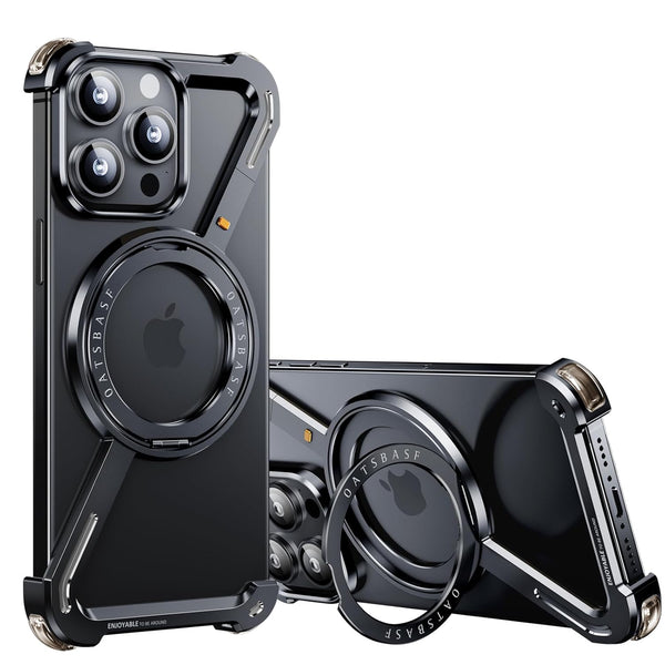 OATSBASF Minimalist Phone Case Compatible with iPhone 16 Pro, 360° Rotation Kickstand Aluminum Metal Frameless Design Bumper Z Case, Protective Shock Grade Shell, Black - mobilecasez