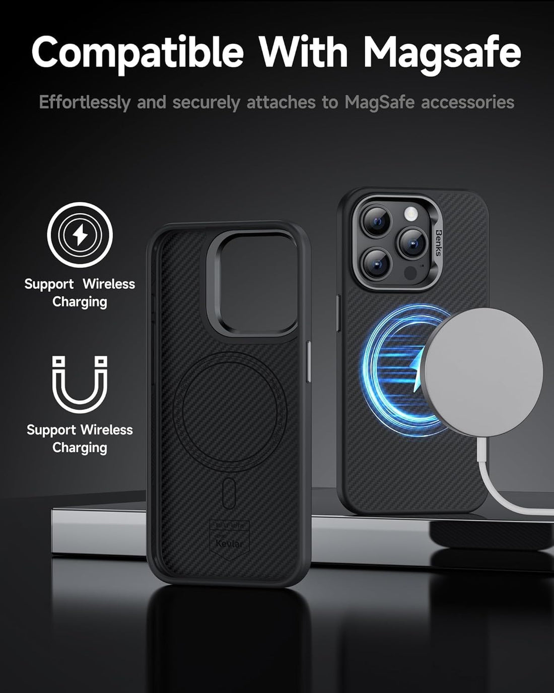 BENKS Magnetic Case for iPhone 16 Pro, Built with Dupont Kevlar 600D Aramid Fiber [Compatible with Magsafe], [Military Grade Drop Protection] Anti-Scratch Non-Slip Shockproof Cover. - mobilecasez