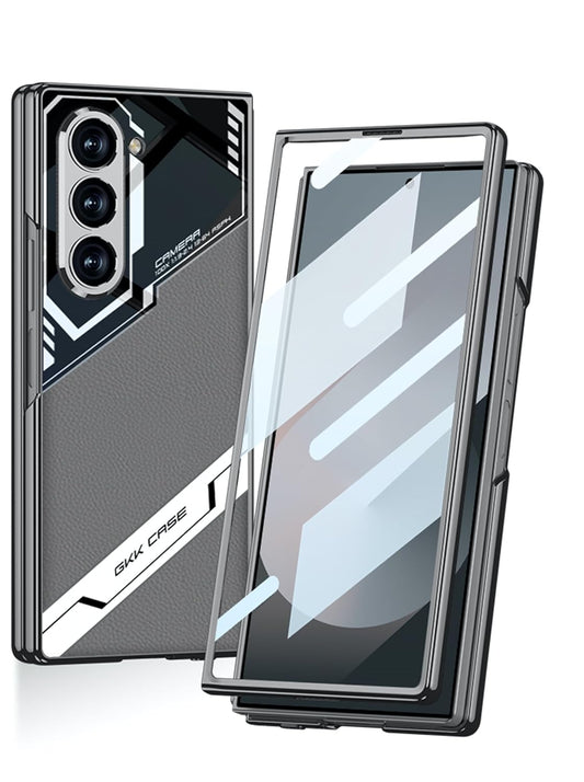 MobileCasez Sports Series Glass & PU Leather Electroplated Back Case Cover for Samsung Galaxy Fold 5 5G / Galaxy Fold 5 Case Cover - Carbon Black