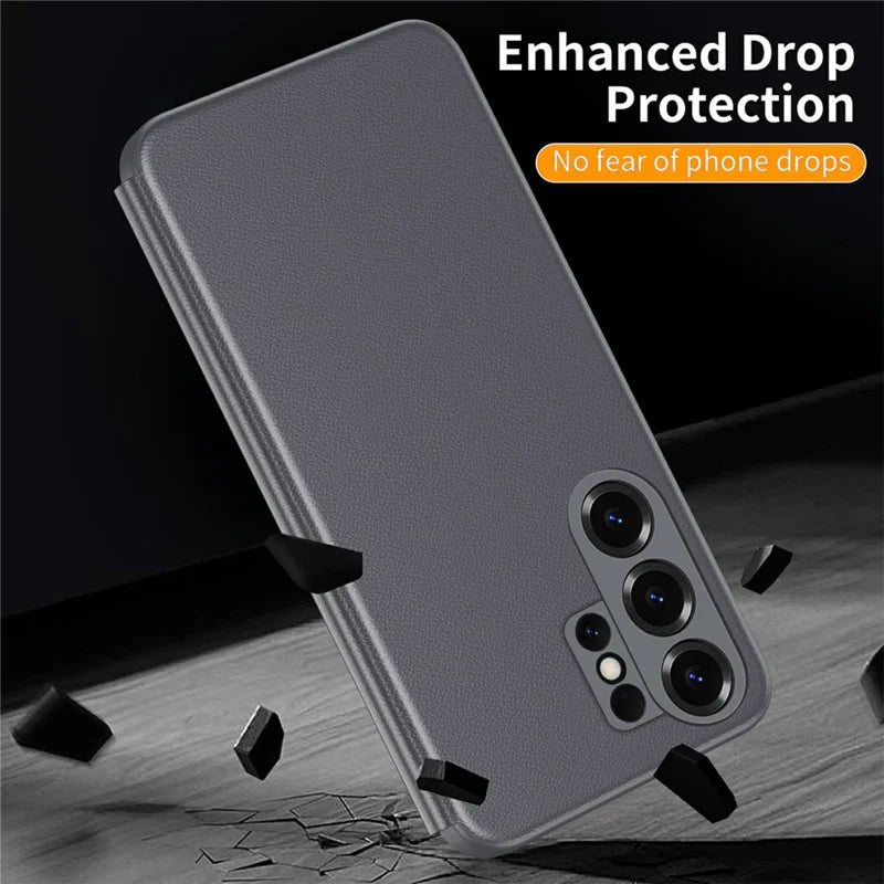 Samsung Galaxy S26 Ultra Case Smart View Window Leather Phone Cover - Gray - mobileCasez