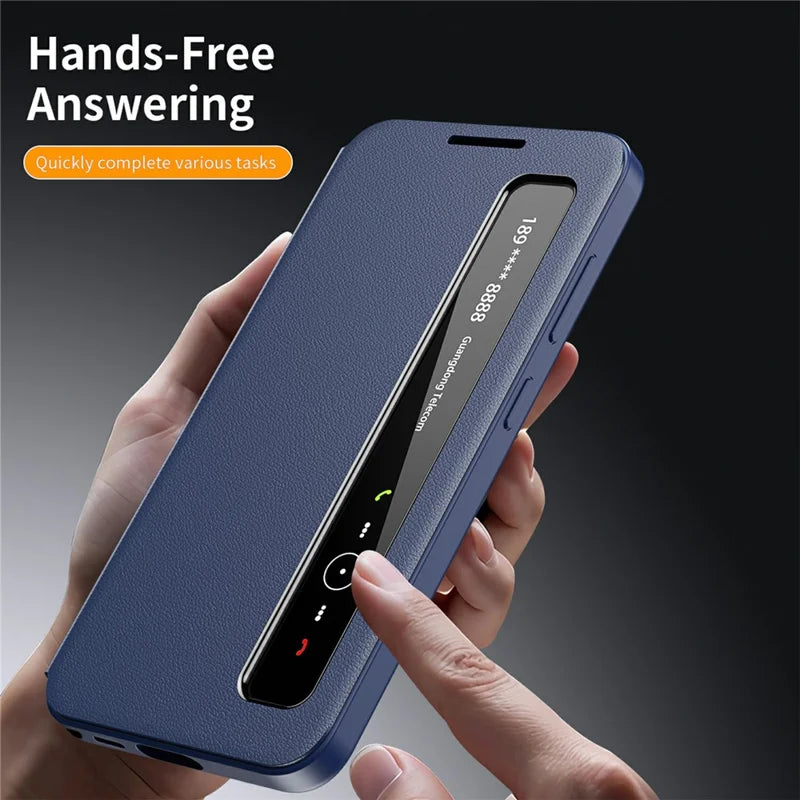 Samsung Galaxy S26 Ultra Case Smart View Window Leather Phone Cover - Blue - mobileCasez