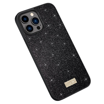 iPhone 15 Pro Max SULADA Glittery PC Hybrid TPU Handmade Leather Phone Case(Black)