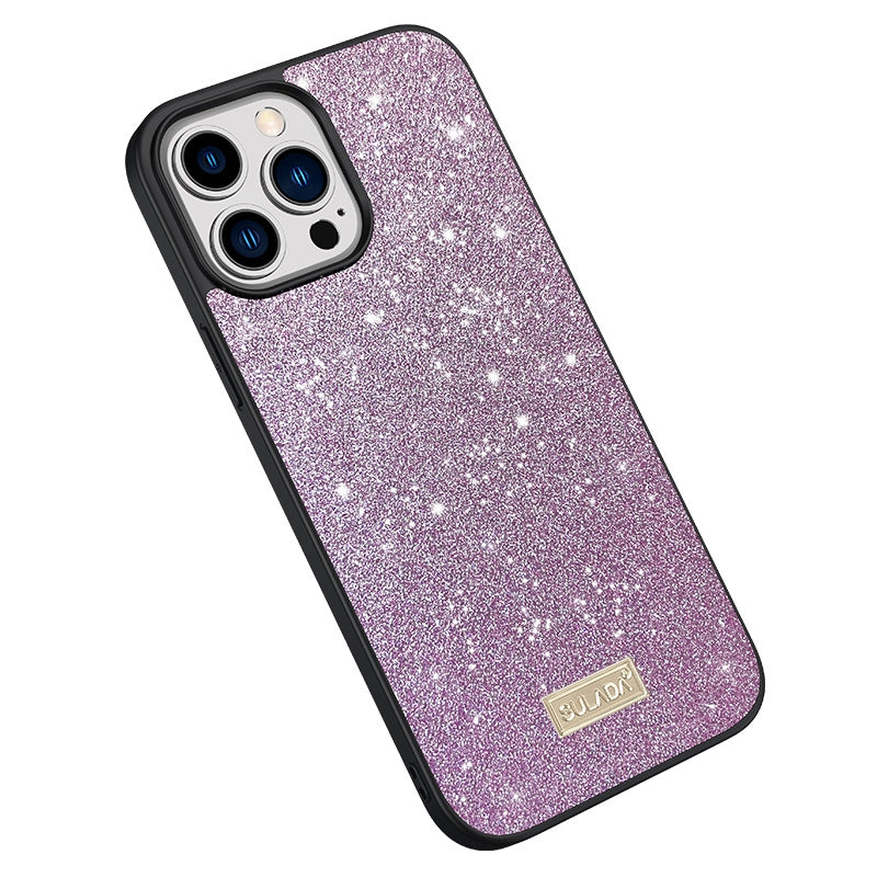 iPhone 15 Pro Max SULADA Glittery PC Hybrid TPU Handmade Leather Phone Case(Purple)