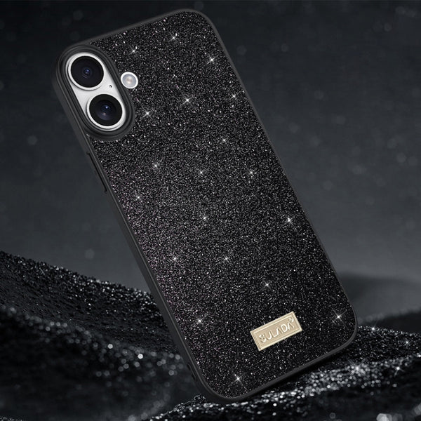 iPhone 16 SULADA Glittery PC Hybrid TPU Handmade Leather Phone Case(Black) - mobilecasez
