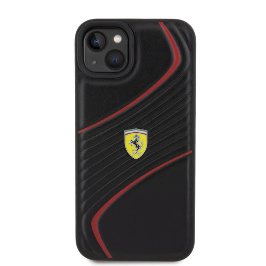 CG MOBILE Ferrari iPhone 15 Case PU Leather Case with Twist Embossed Lines | Shock Absorption Protective Case/Cover Designed for iPhone 15 2023 Black