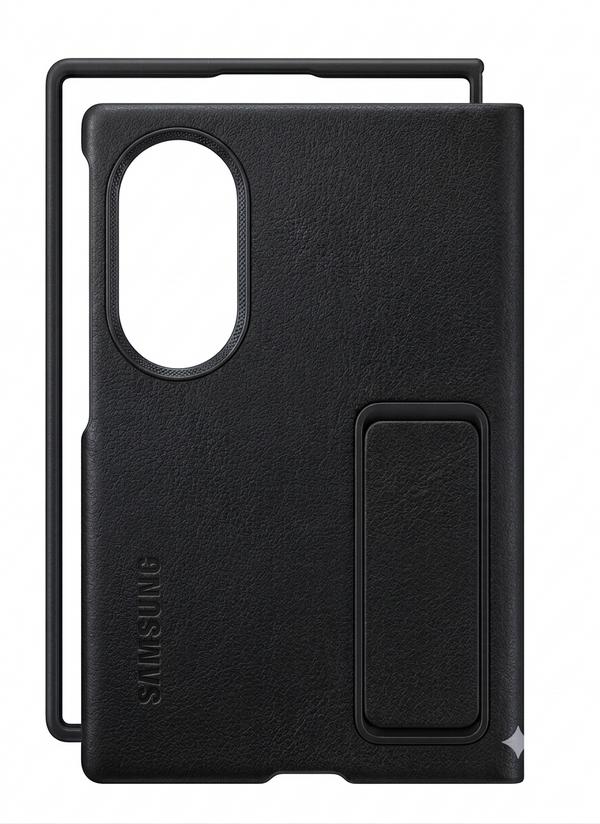 Leather Standing Case with Metal Camera Ring for Samsung Galaxy Fold 8 Wide - Black