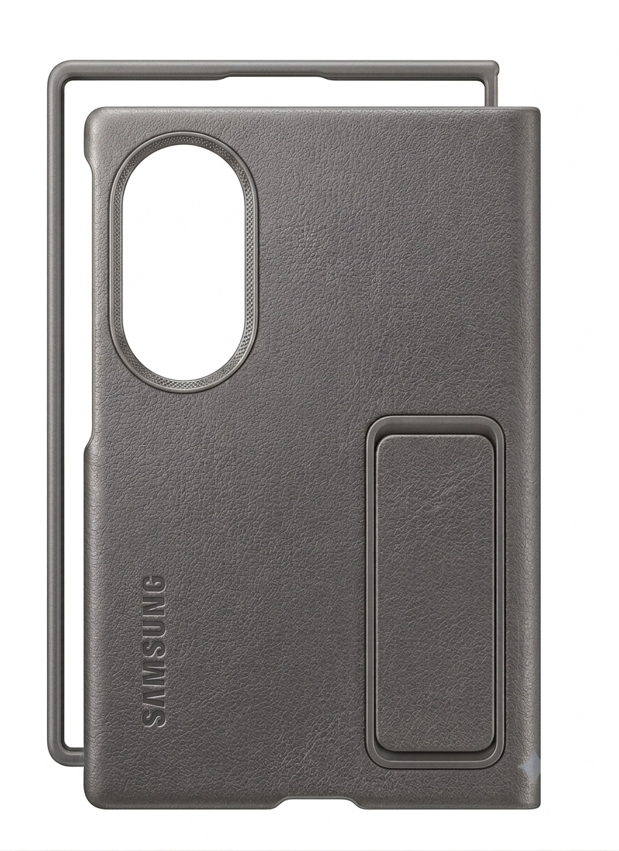 Leather Standing Case with Metal Camera Ring for Samsung Galaxy Fold 8 Wide - Titanium Gray