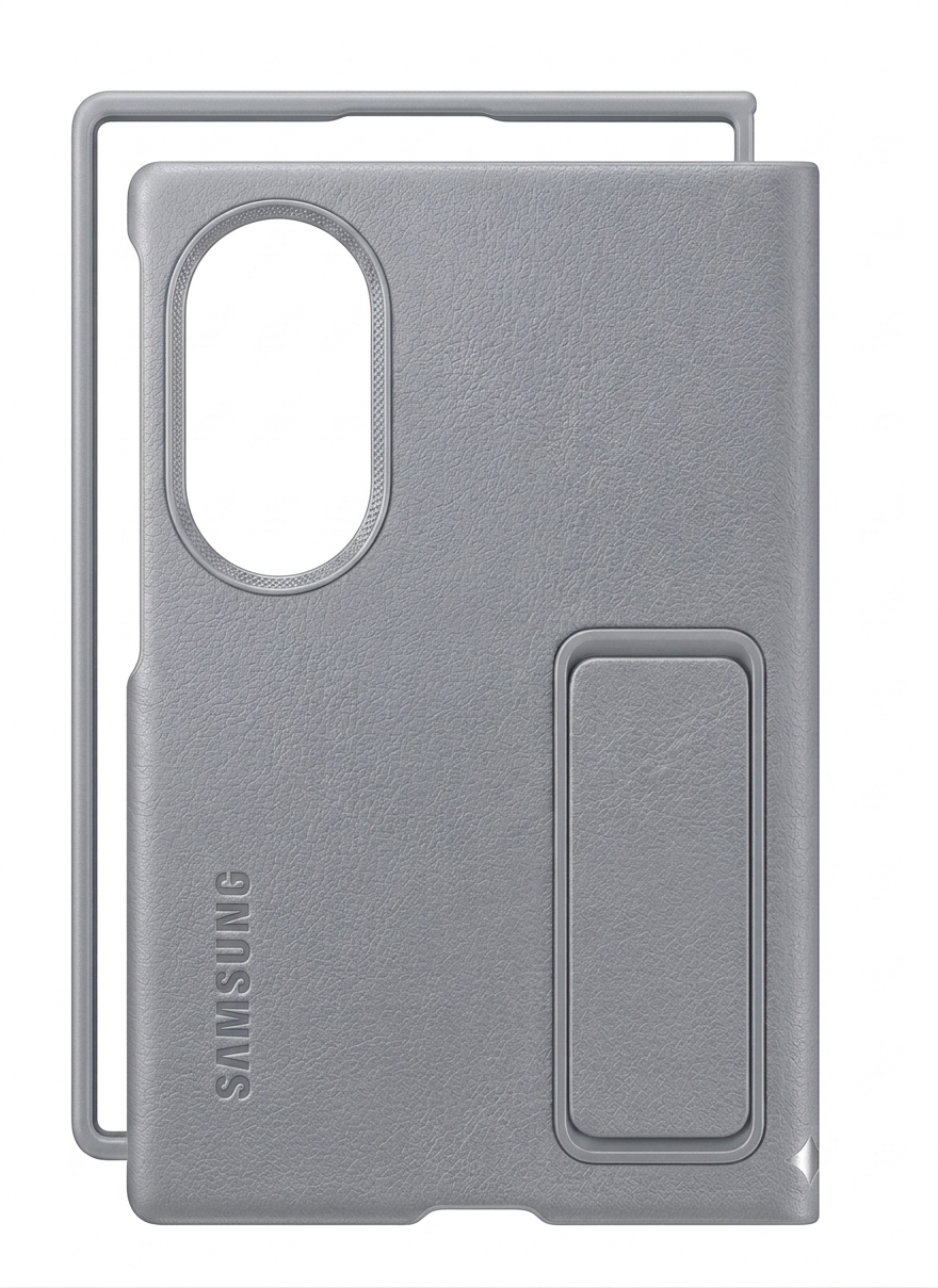 Leather Standing Case with Metal Camera Ring for Samsung Galaxy Fold 8 Wide - Light Gray
