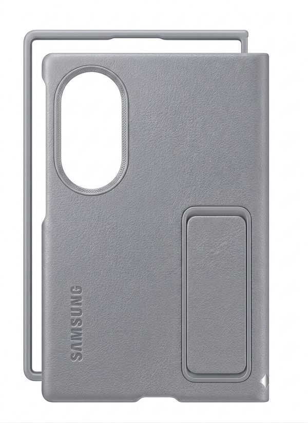 Leather Standing Case with Metal Camera Ring for Samsung Galaxy Fold 8 Wide - Light Gray
