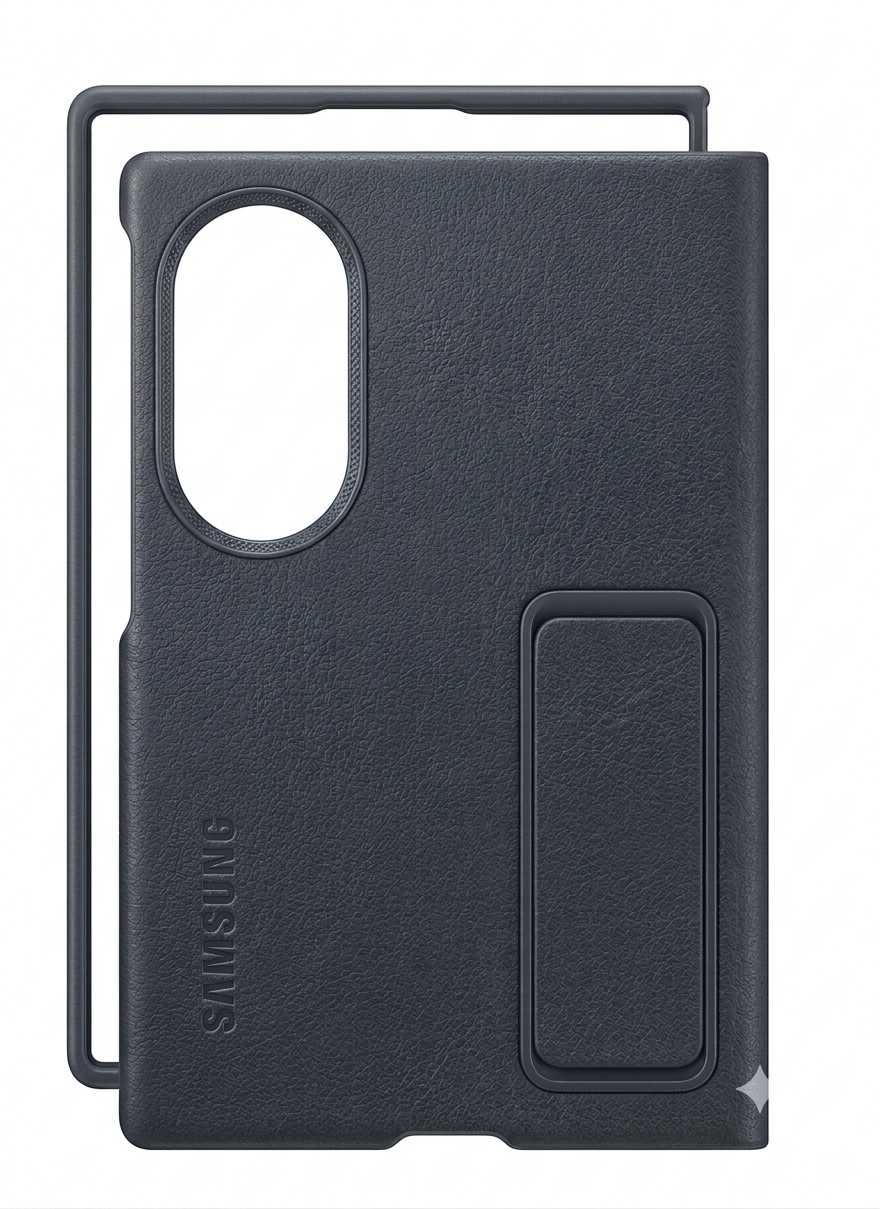 Leather Standing Case with Metal Camera Ring for Samsung Galaxy Fold 8 Wide - Dark Gray