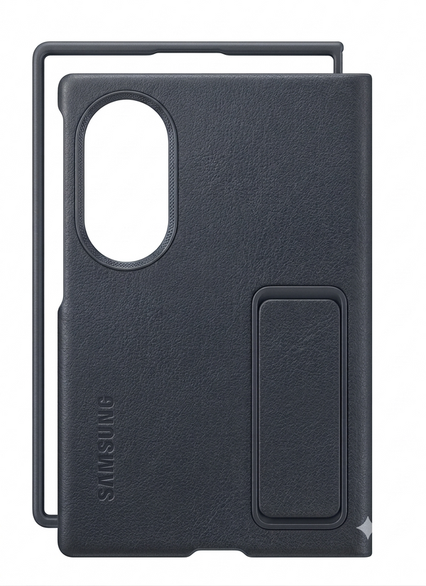 Leather Standing Case with Metal Camera Ring for Samsung Galaxy Fold 8 Wide - Dark Gray