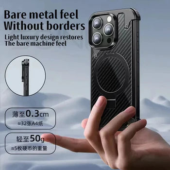 iPhone 15 Pro Metal Carbon Fibre Magnetic Impact Resistance Casing with Stand - Black - mobilecasez