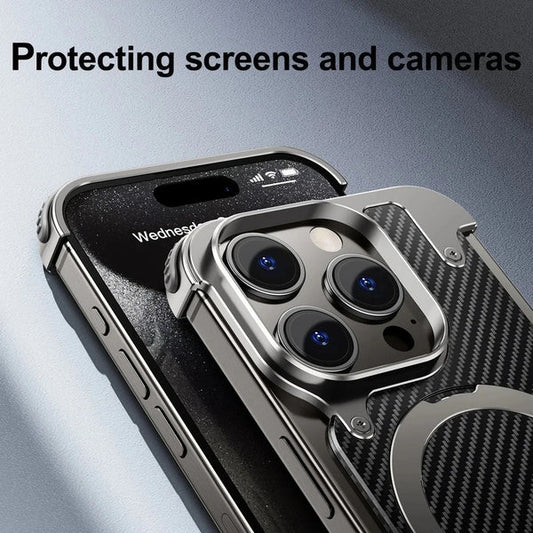 iPhone 15 Pro Max Metal Carbon Fibre Magnetic Impact Resistance Casing with Stand - Silver