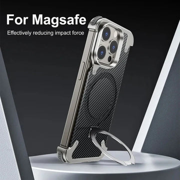 iPhone 15 Pro Metal Carbon Fibre Magnetic Impact Resistance Casing with Stand - Silver