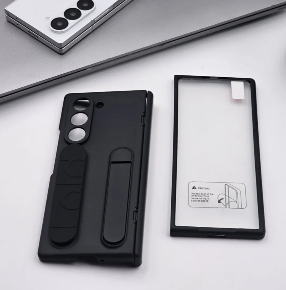 Samsung Galaxy Z Fold 5 Silicone Strap Kickstand Case With Front Screen Protector - (Black)