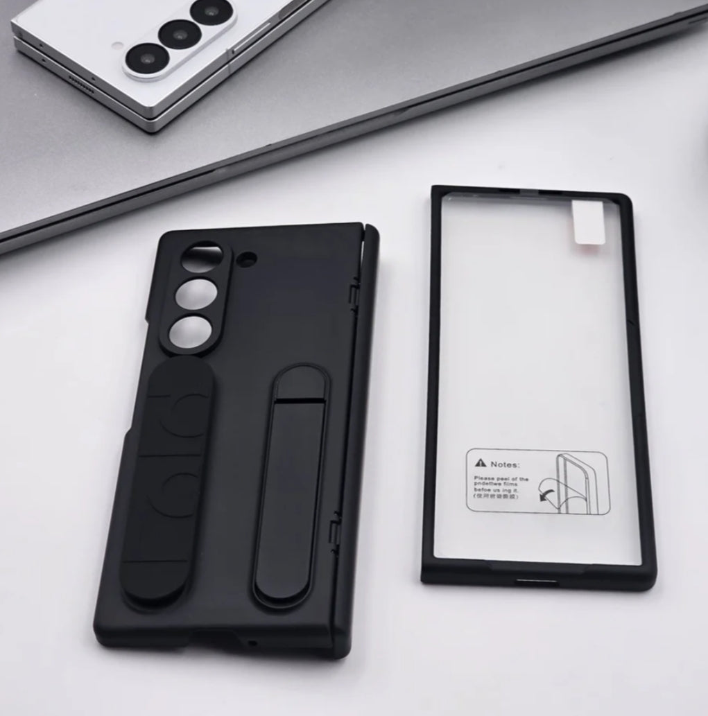 Samsung Galaxy Z Fold 5 Silicone Strap Kickstand Case With Front Screen Protector - (Black) - mobilecasez